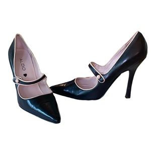 ALDO Black & Blush Pink Leather Strap Mary Jane Heels Pumps - 37 - 6.5
